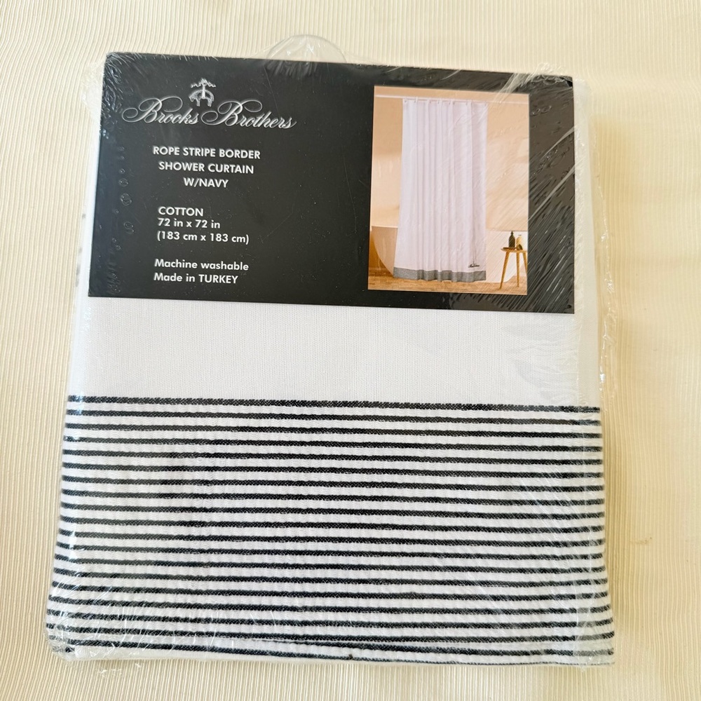 Brooks Brothers Shower Curtain Cotton Striped White Navy Home Bathroom 72x72 New